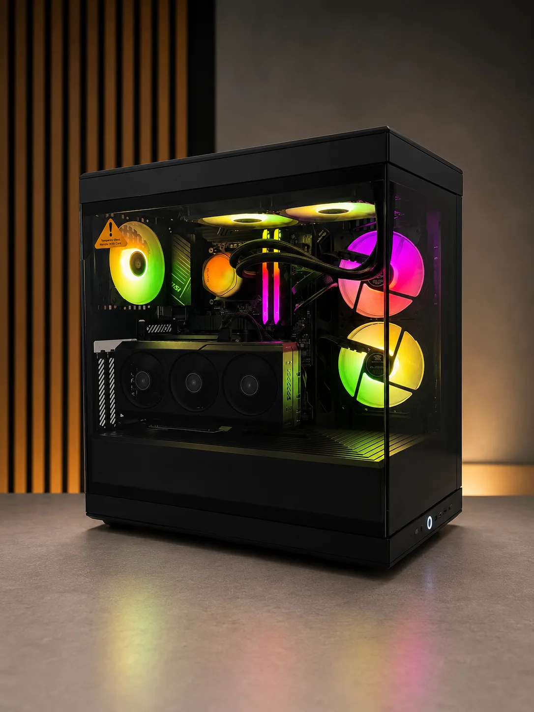 Black panoramic gaming PC with colorful internal lighting