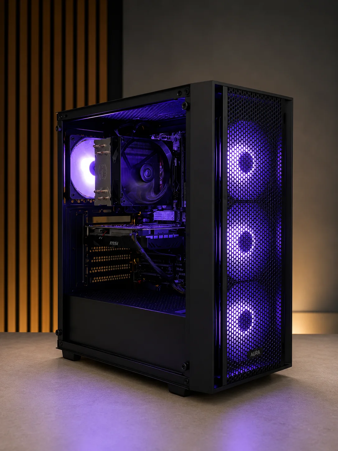 Black value-focused gaming PC with purple lighting