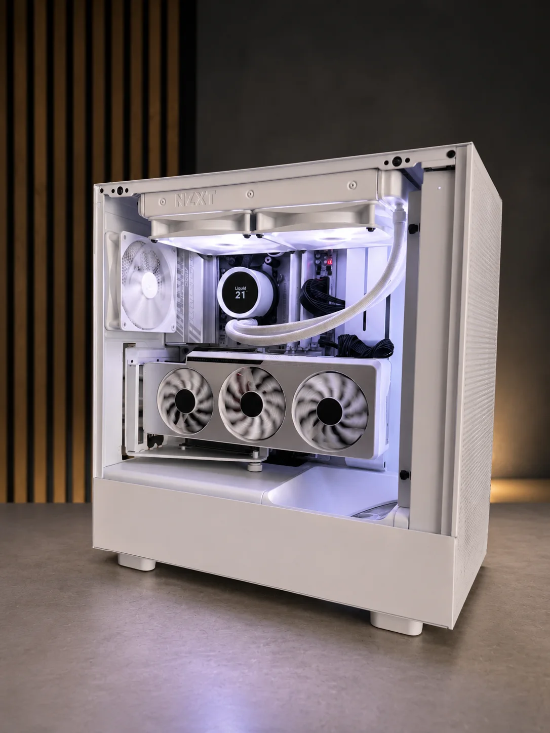 White custom workstation with liquid cooling and a large graphics card
